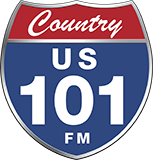 Radio station logo for Country US 101 FM in the shape of a highway shield.
